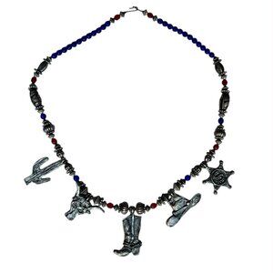 Western Cowboy Cowgirl Novelty Charm Necklace Beaded Silver Tone Gift Texas